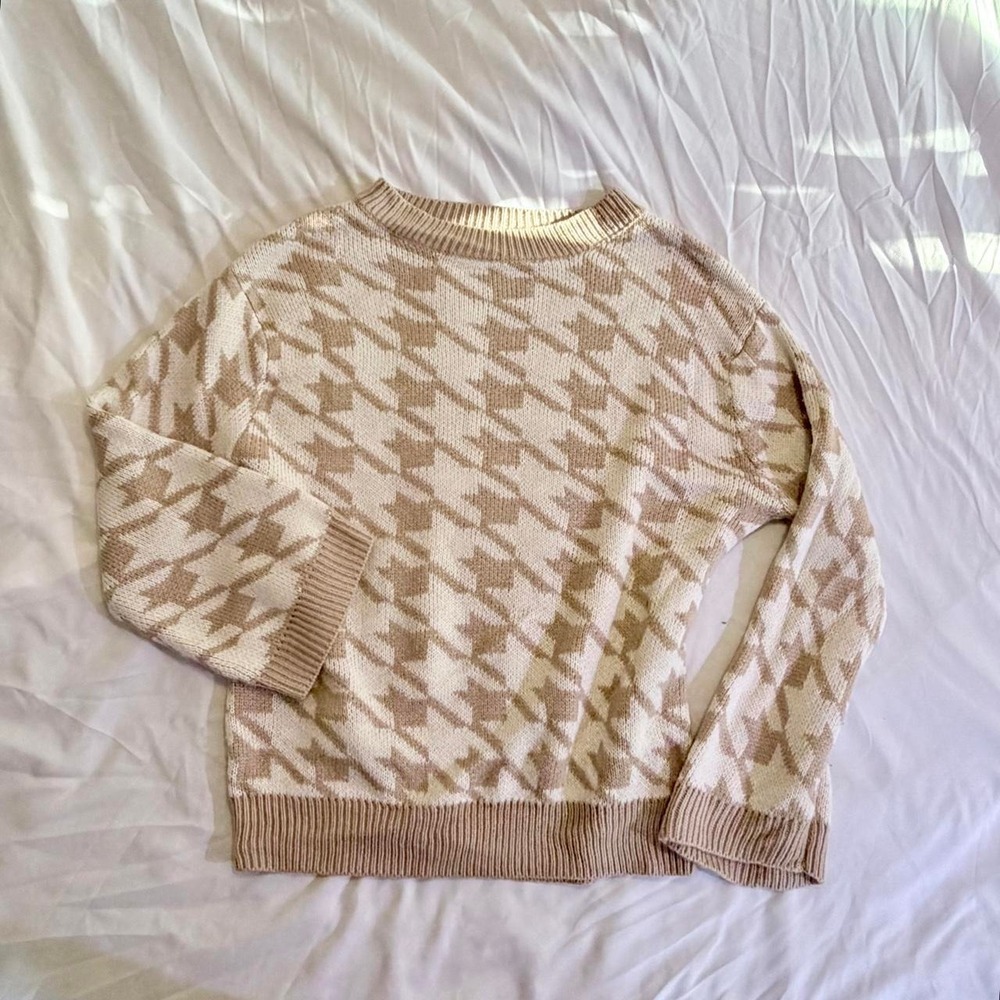 Princess Polly Oversized Houndstooth Sweater Cream Tan Preppy XS/S